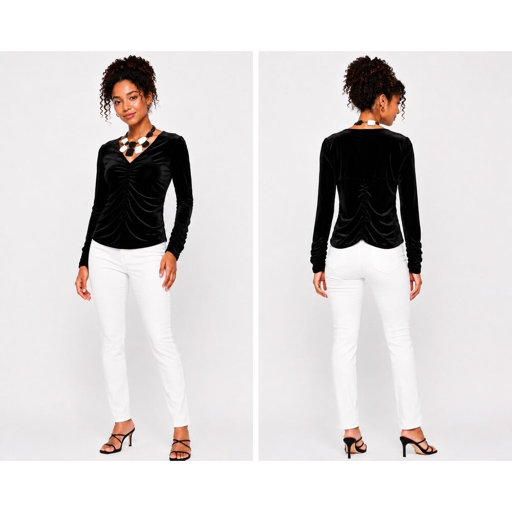 Another Love Sadelle Women’s Black Shirred Velvet Ruched Long Sleeve Top Medium